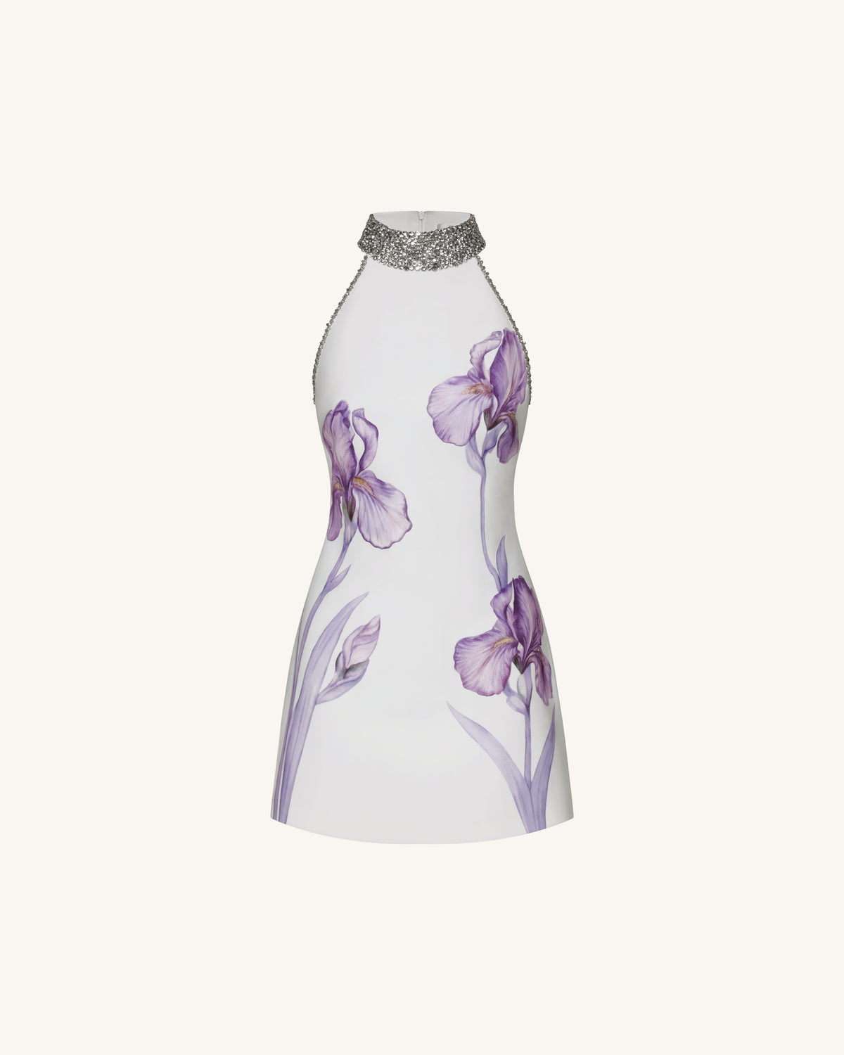 Jeweled Halter Iris Motif Dress - White
