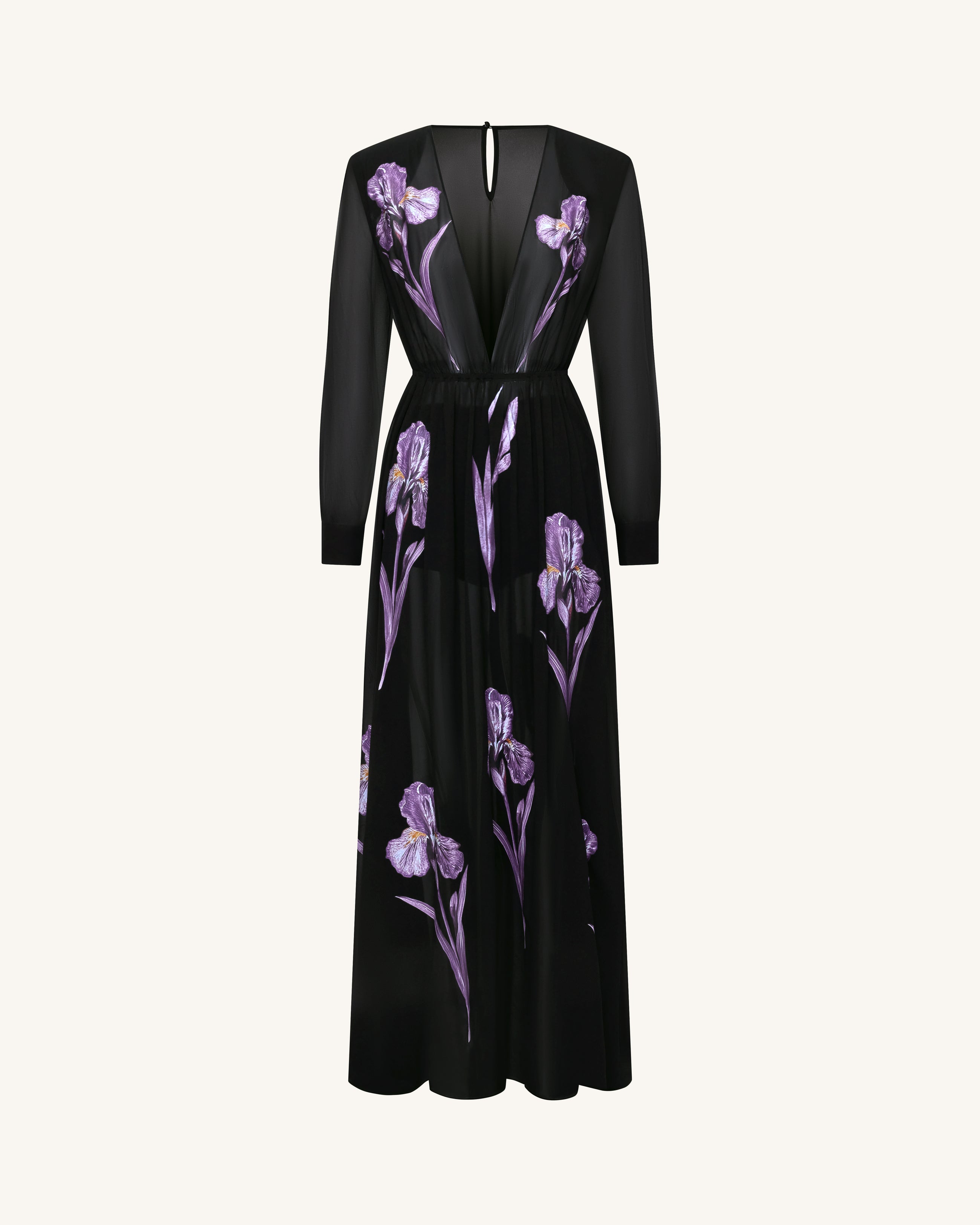 Iris Floral Print Long-Sleeve Sheer Gown - Black/Purple