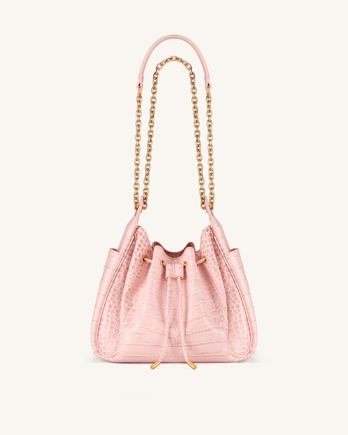 Rowan Ruched Drawstring Chain Bucket Bag - Pink Croc