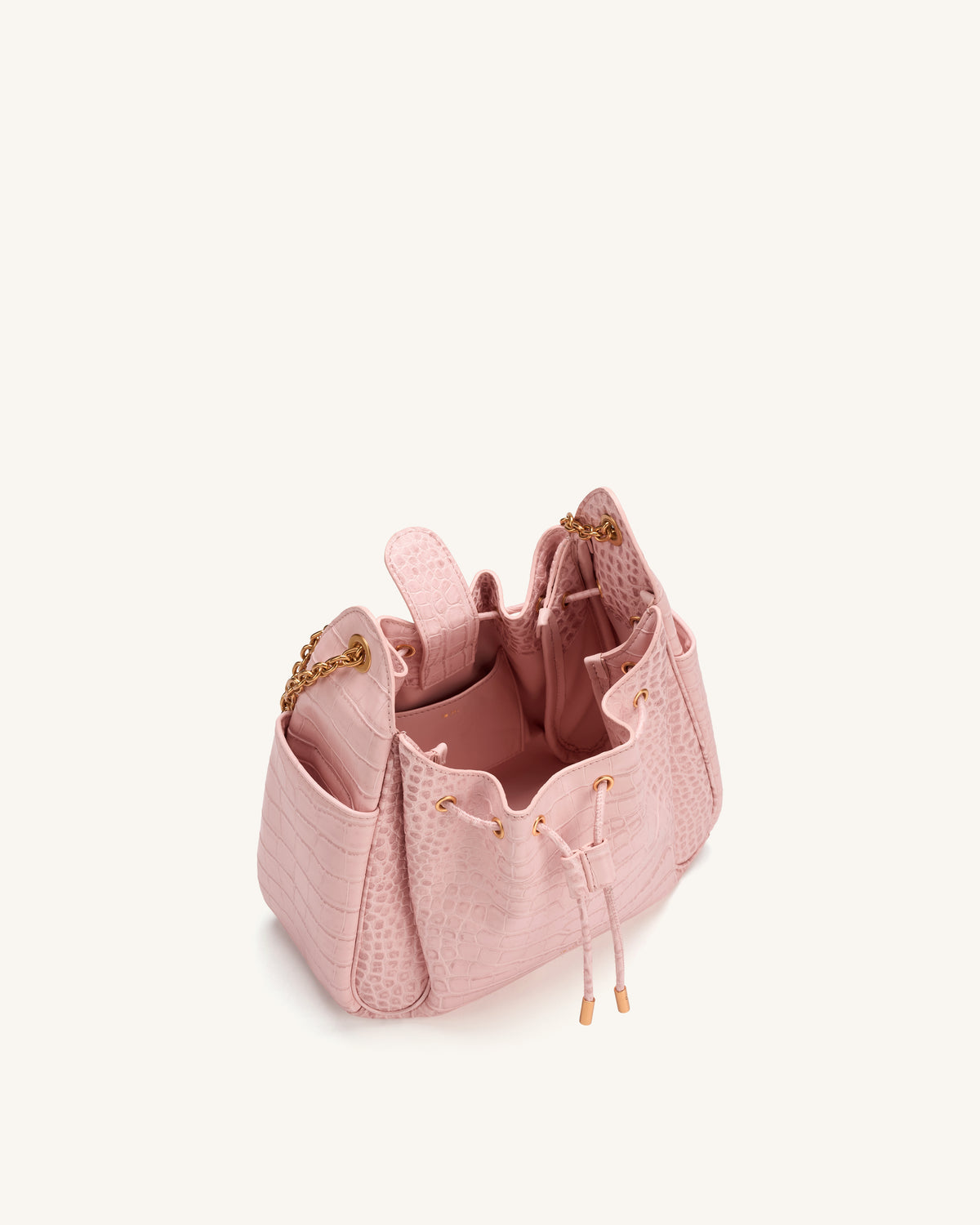 Rowan Ruched Drawstring Chain Bucket Bag - Pink Croc