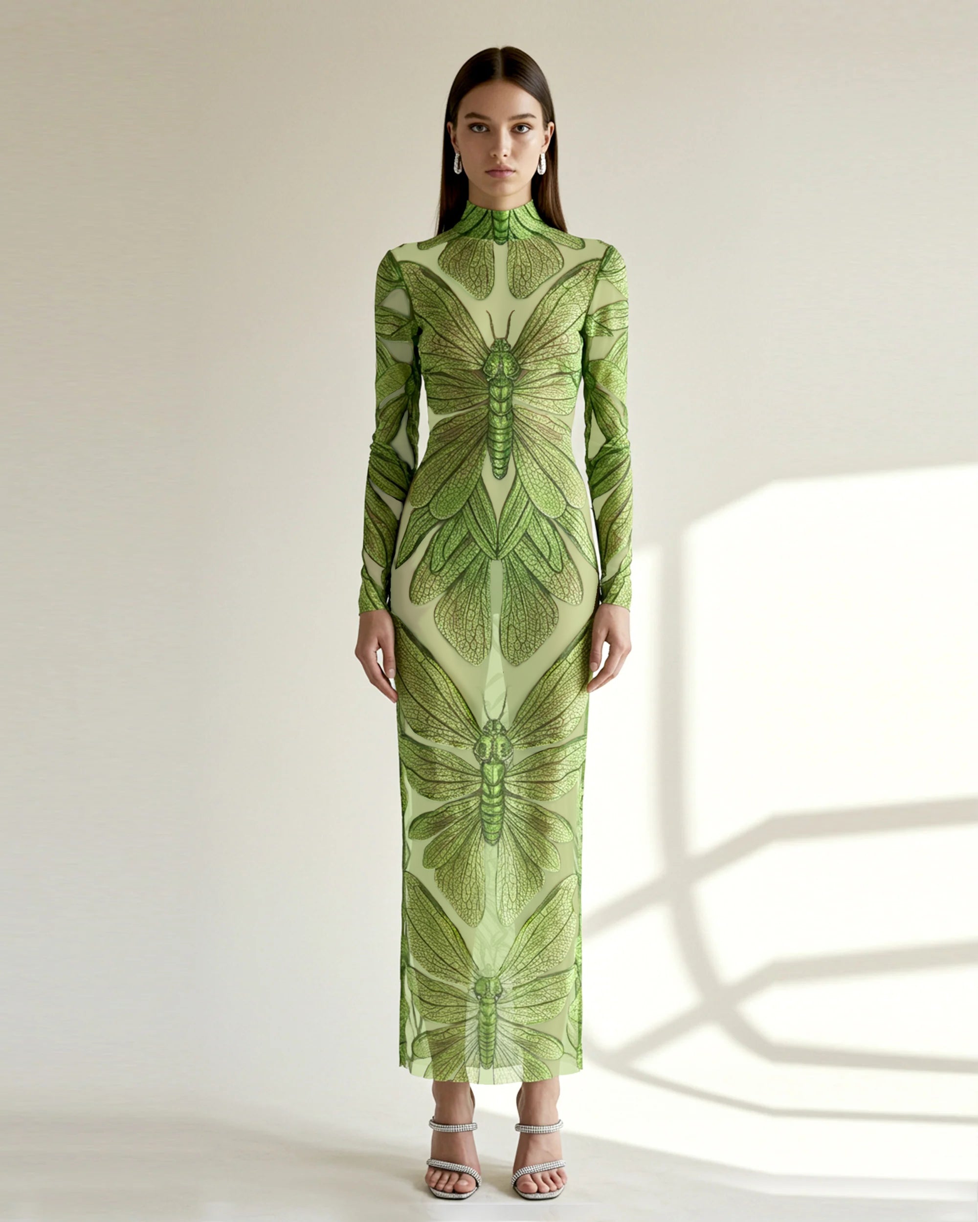 Emerald Dragonfly Sheer Mesh Gown