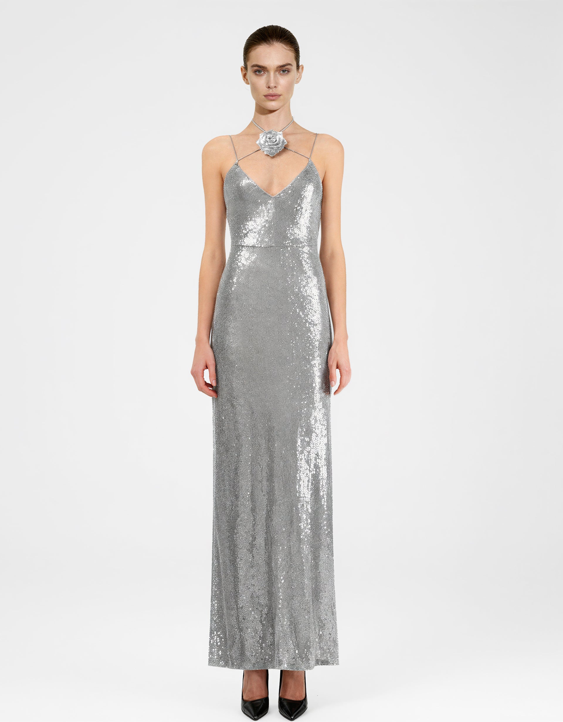 Heisey Silver Sequinned Rosette Maxi Dress - Silver | JW PEI