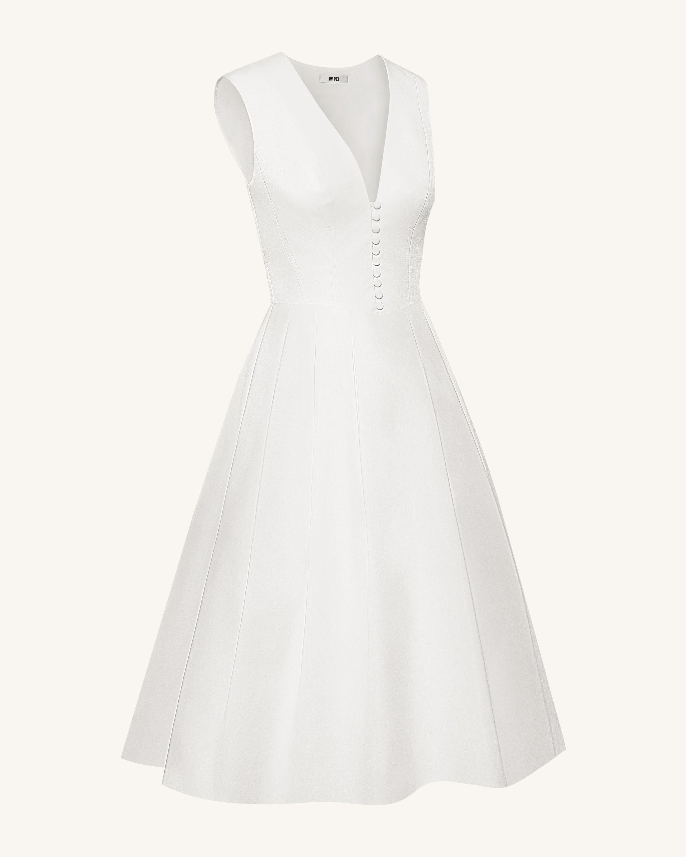 Front V-Neck Pleated Midi Dress - White