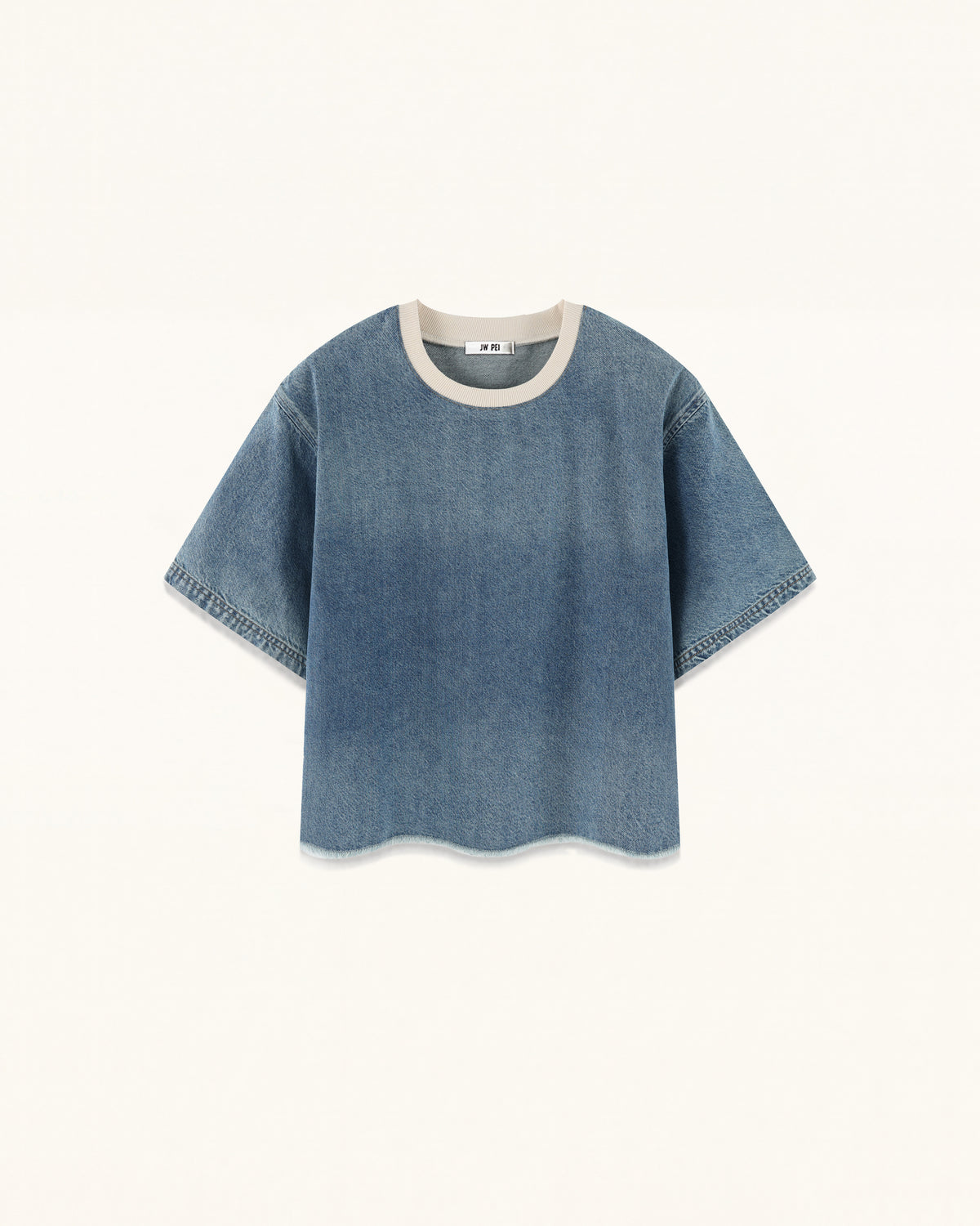 Contrast Rib Denim Cropped Tee - Washed Blue