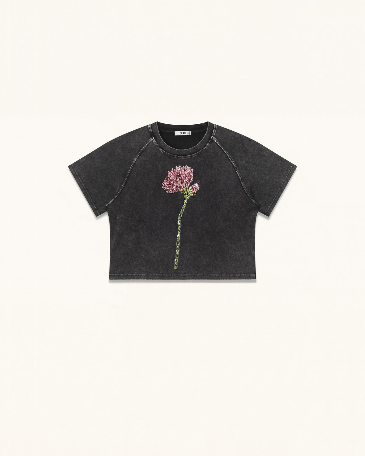 Rhinestone Rose Distressed Raglan Cropped Tee - Faded Obsidian