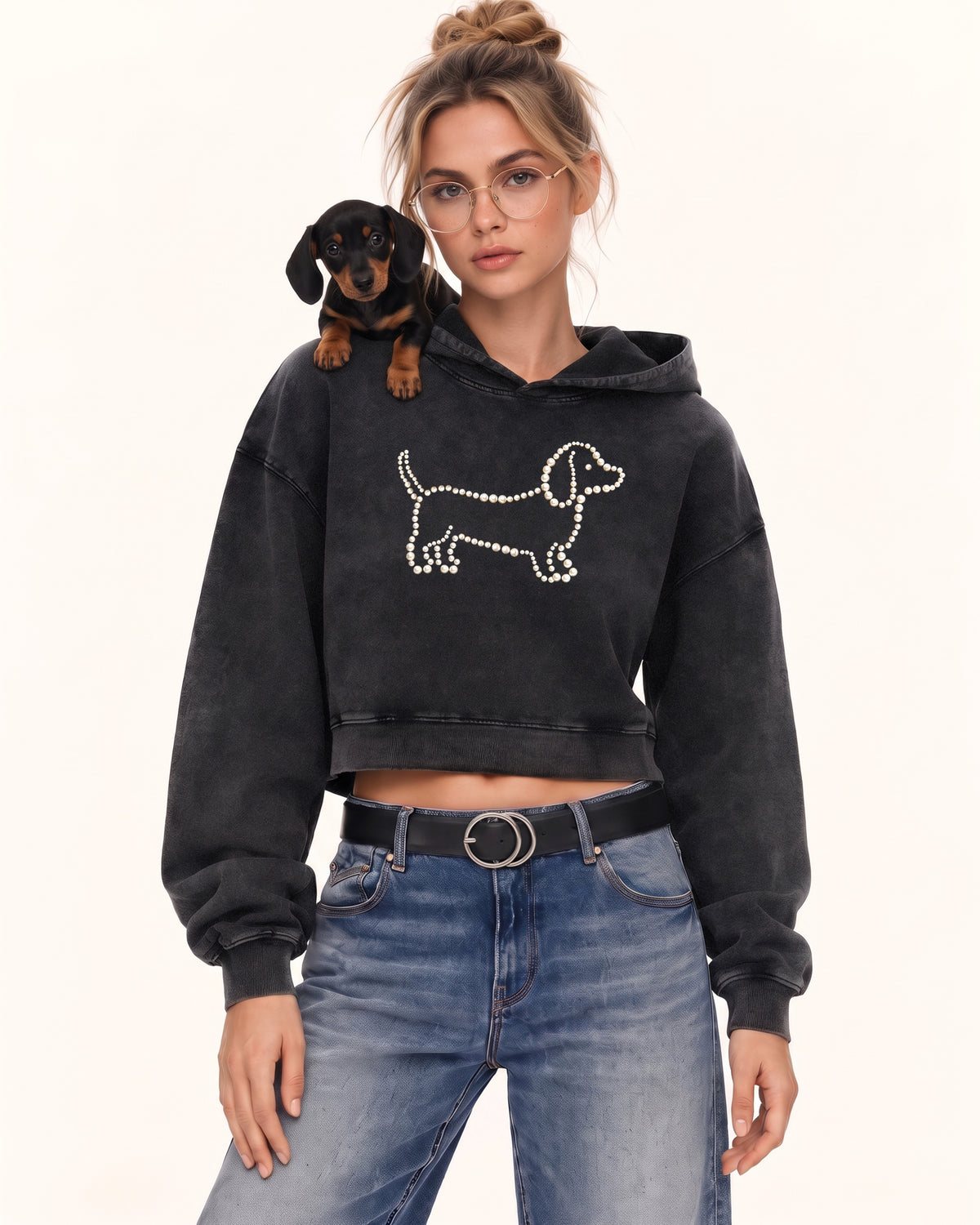 Pearl Outline Dachshund Cropped Hoodie - Acid Black
