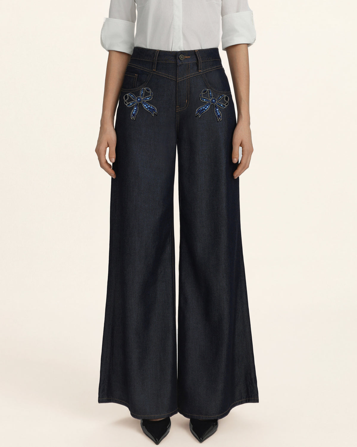Pocket Rhinestone Bow Wide Leg Jeans - Deep Thoughts Only