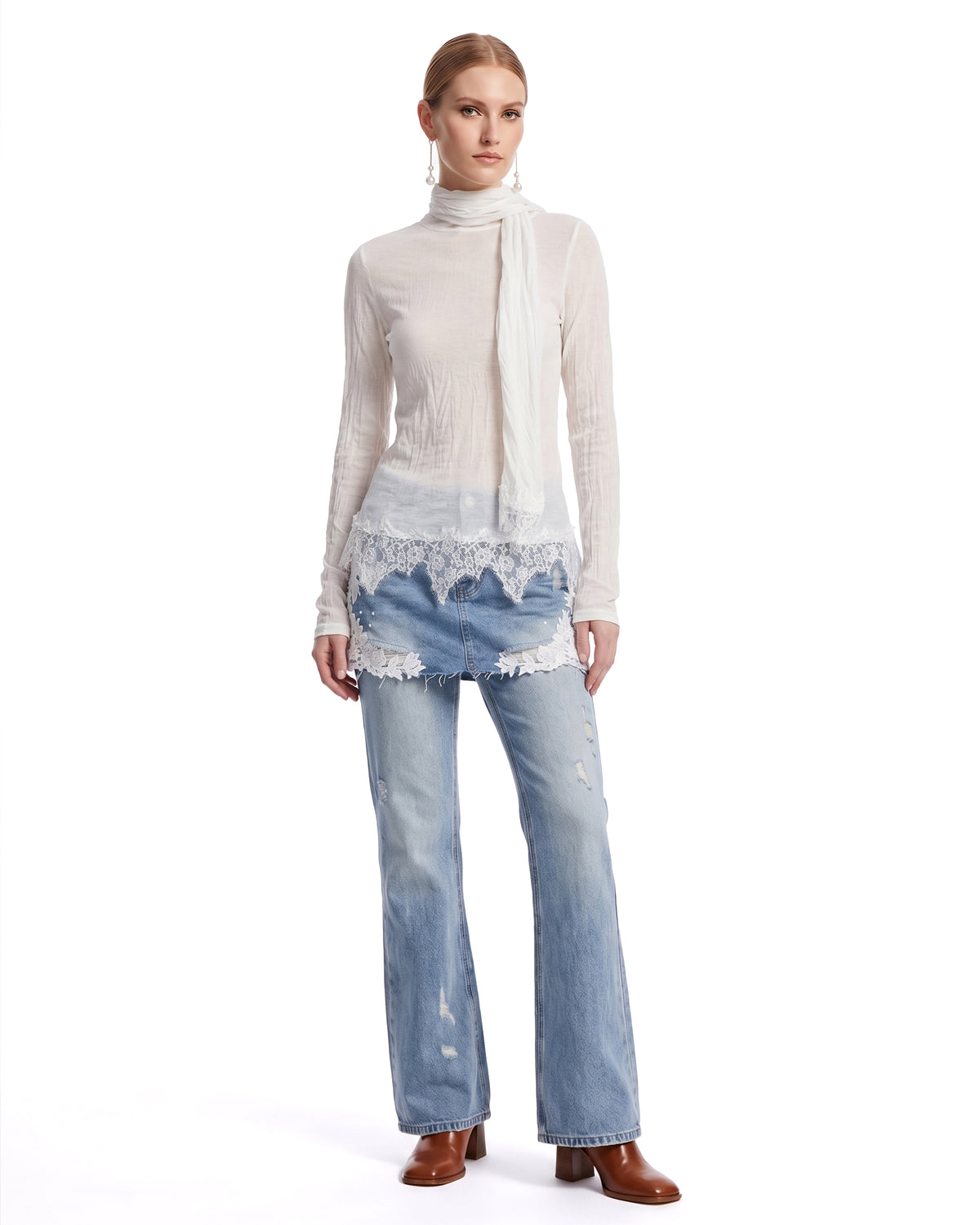 Lace-Trimmed Scarf-Collar Sheer Top - Off White