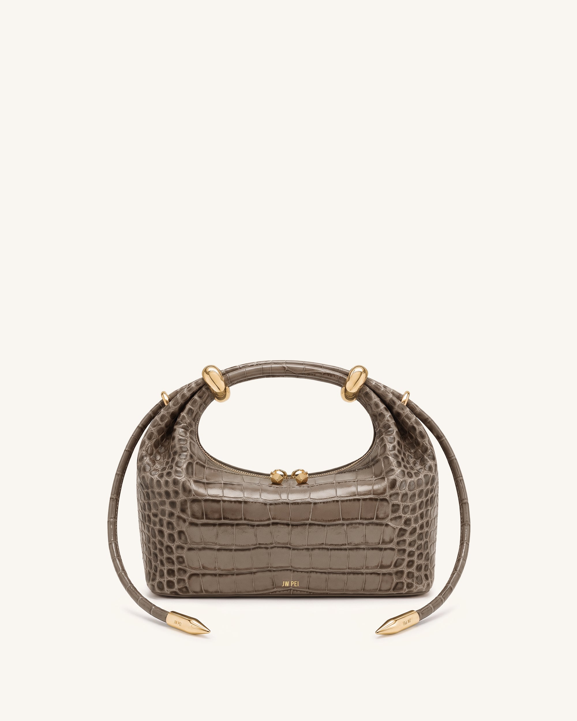 Ellie Metal Ring Embellished Top Handle Bag - Elephant Grey Brown Croc