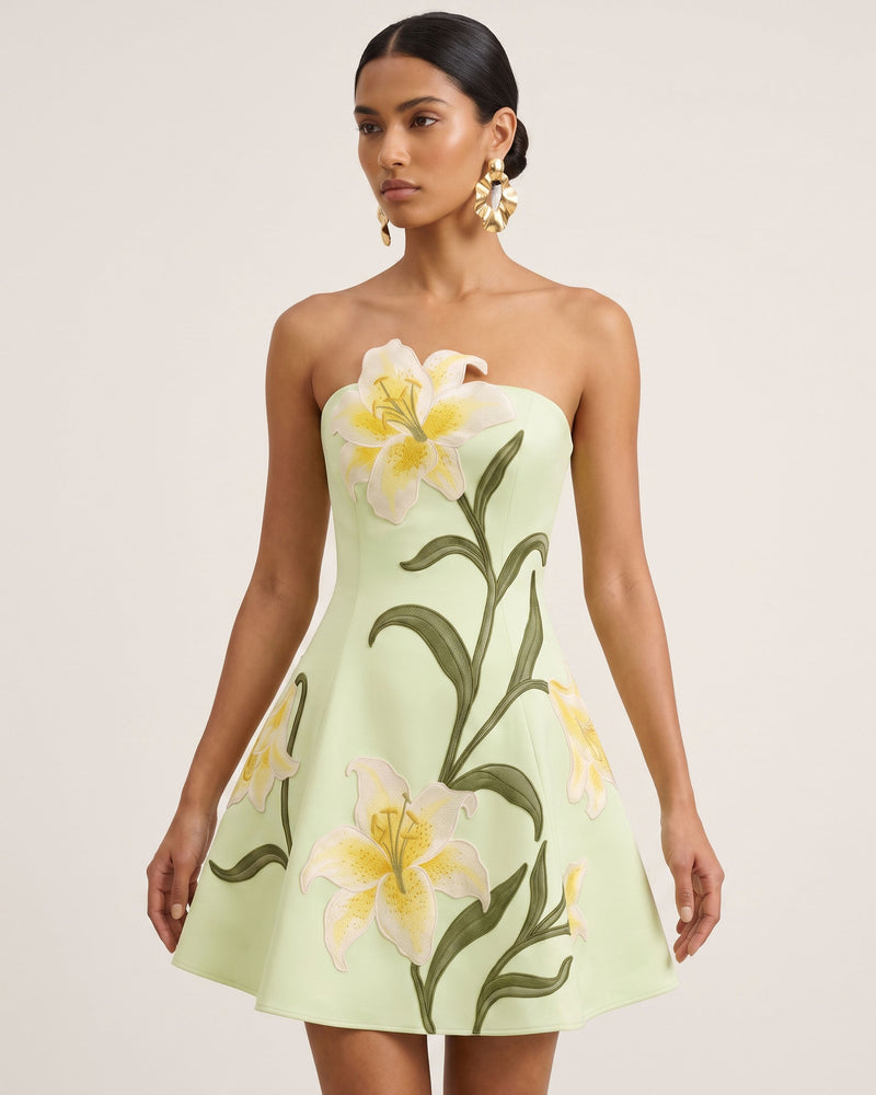 Lily Floral Print Strapless A-Line Mini Dress - Light Green