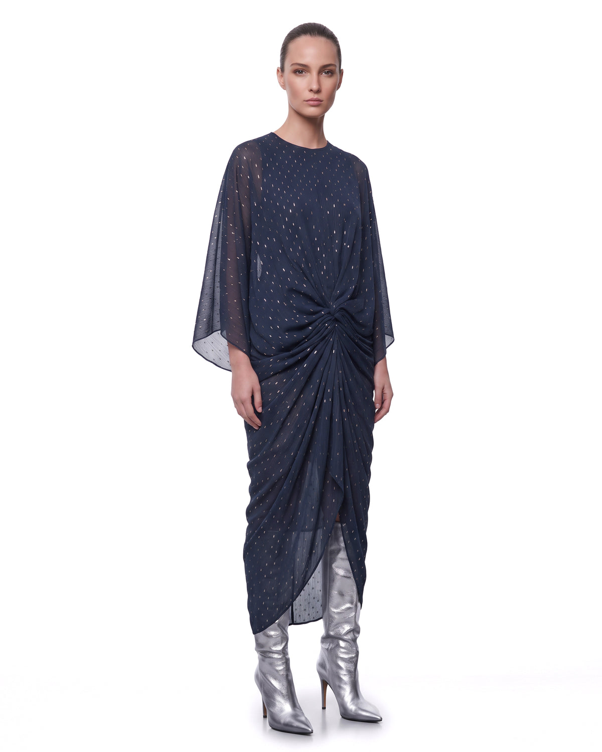 Embellished Ruched Draped Midi Dress - Navy