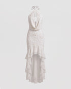 Orchid Beaded Embroidered Halter Cowl Neck High-Low Maxi Dress - White