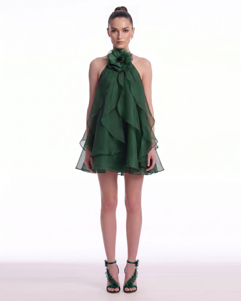 Floral Appliqué Halter Layered Mini Dress - Emerald Green