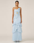 Orchid Embroidered Ruffled One-Shoulder Maxi Dress - Blue