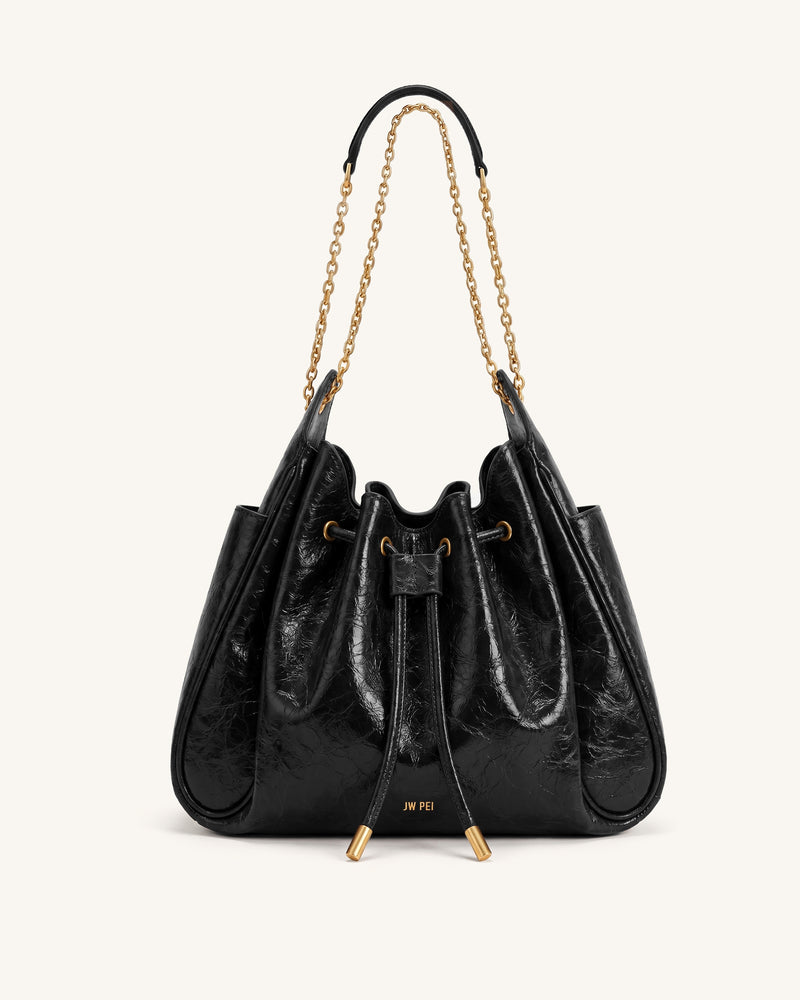 Rowan Ruched Drawstring Chain Bucket Bag - Jet Black