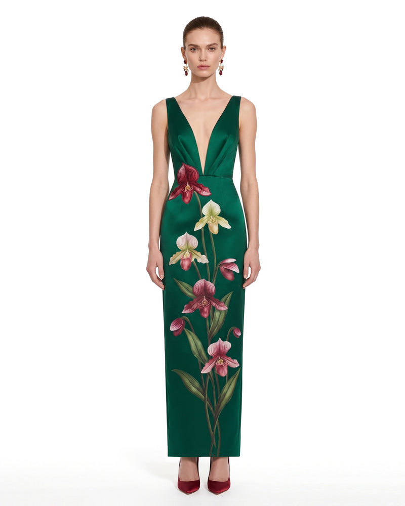 Floral Plunge-Neck Column Maxi Dress - Emerald Green