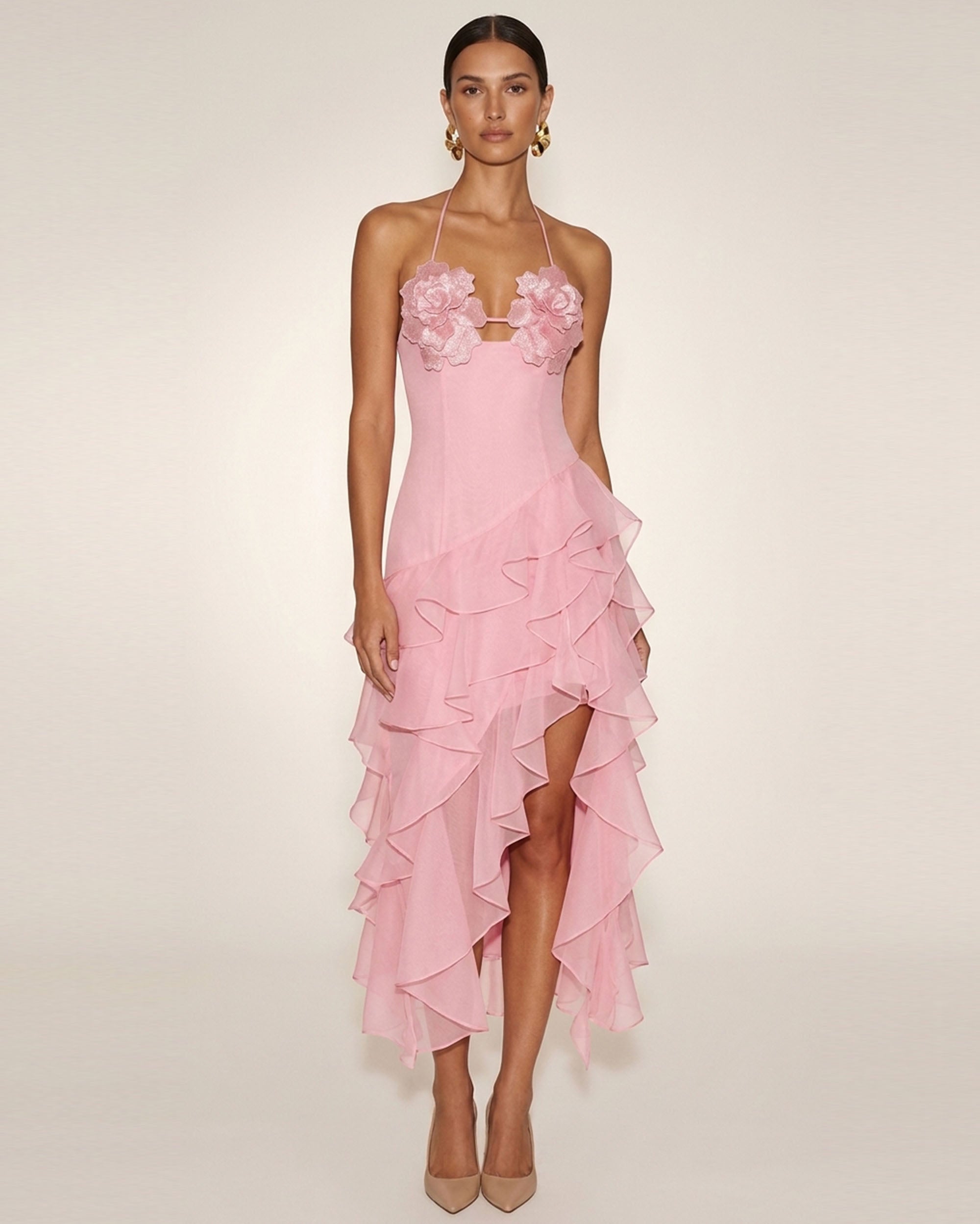 Flower Embroidered High-Low Ruffle Midi Dress - Blush Pink