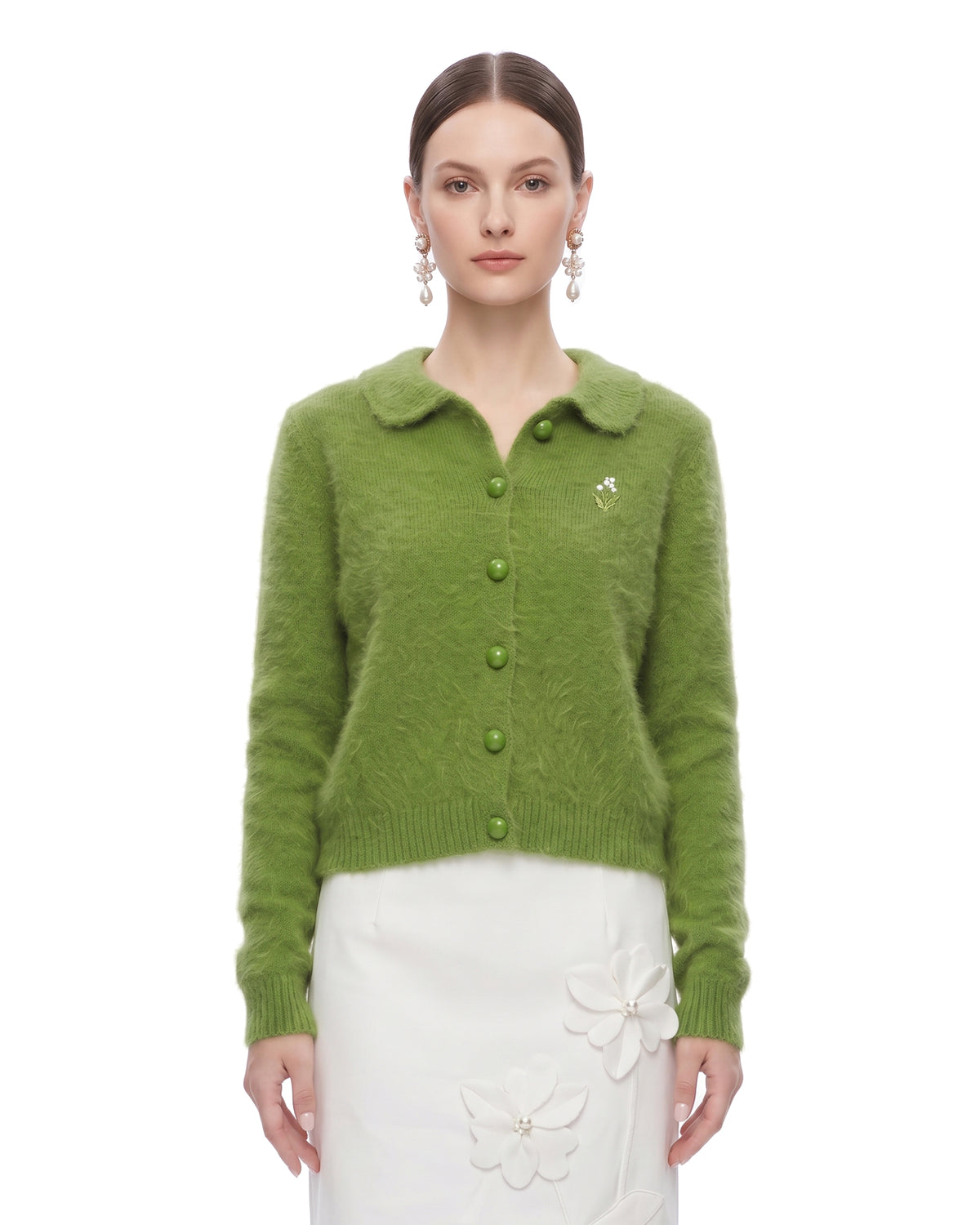 Floral Embroidered Collar Knit Cardigan - Avocado Green