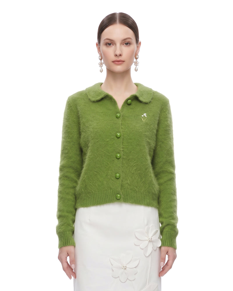 Floral Embroidered Collar Knit Cardigan - Avocado Green