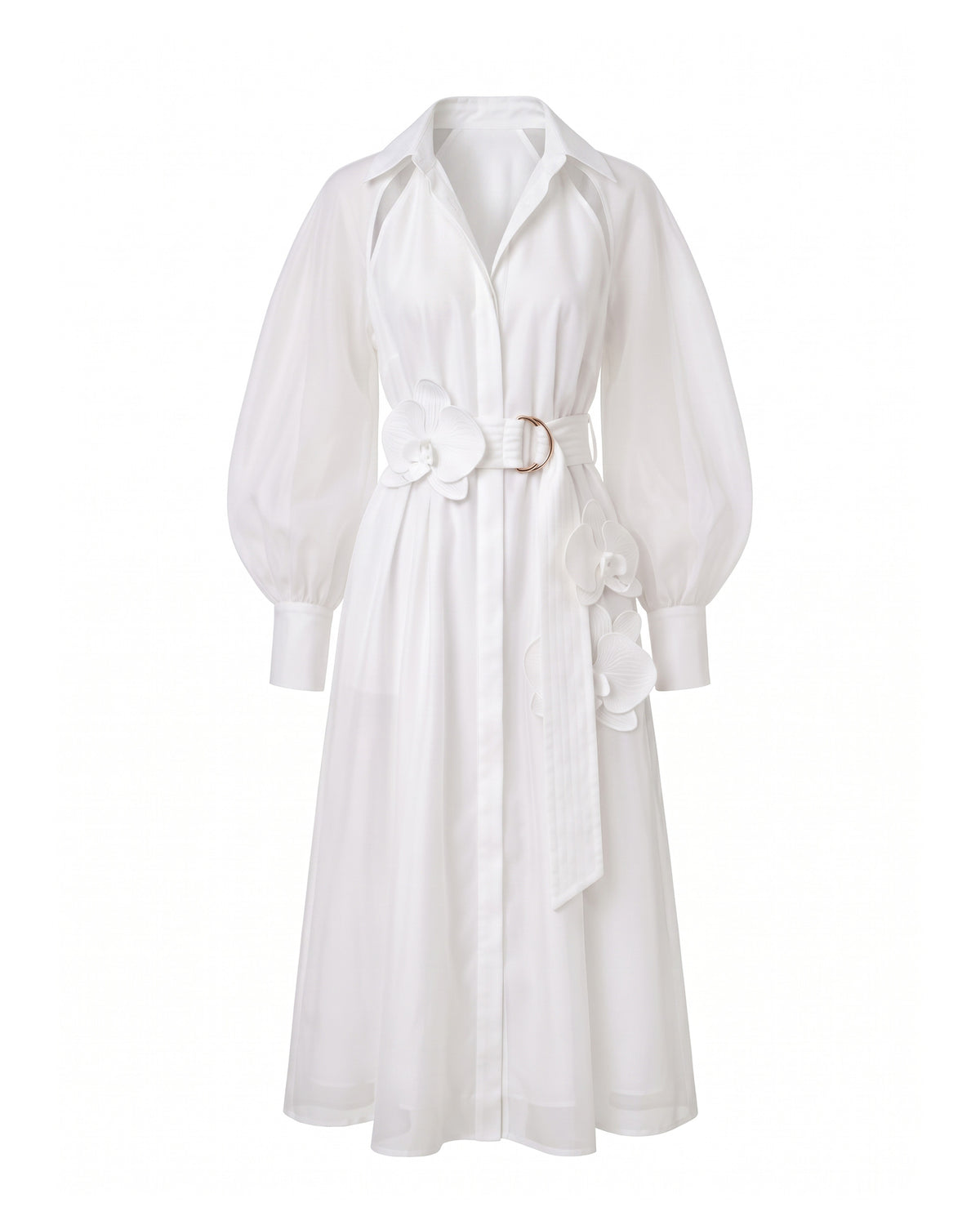 Orchid Embellished Cold-Shoulder Midi Shirt Dress - Off White