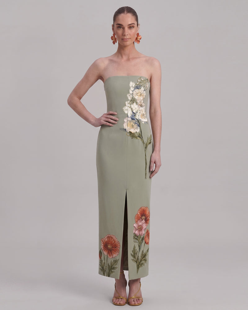 Corn Poppy Floral Strapless Slit Maxi Dress - Sage Green