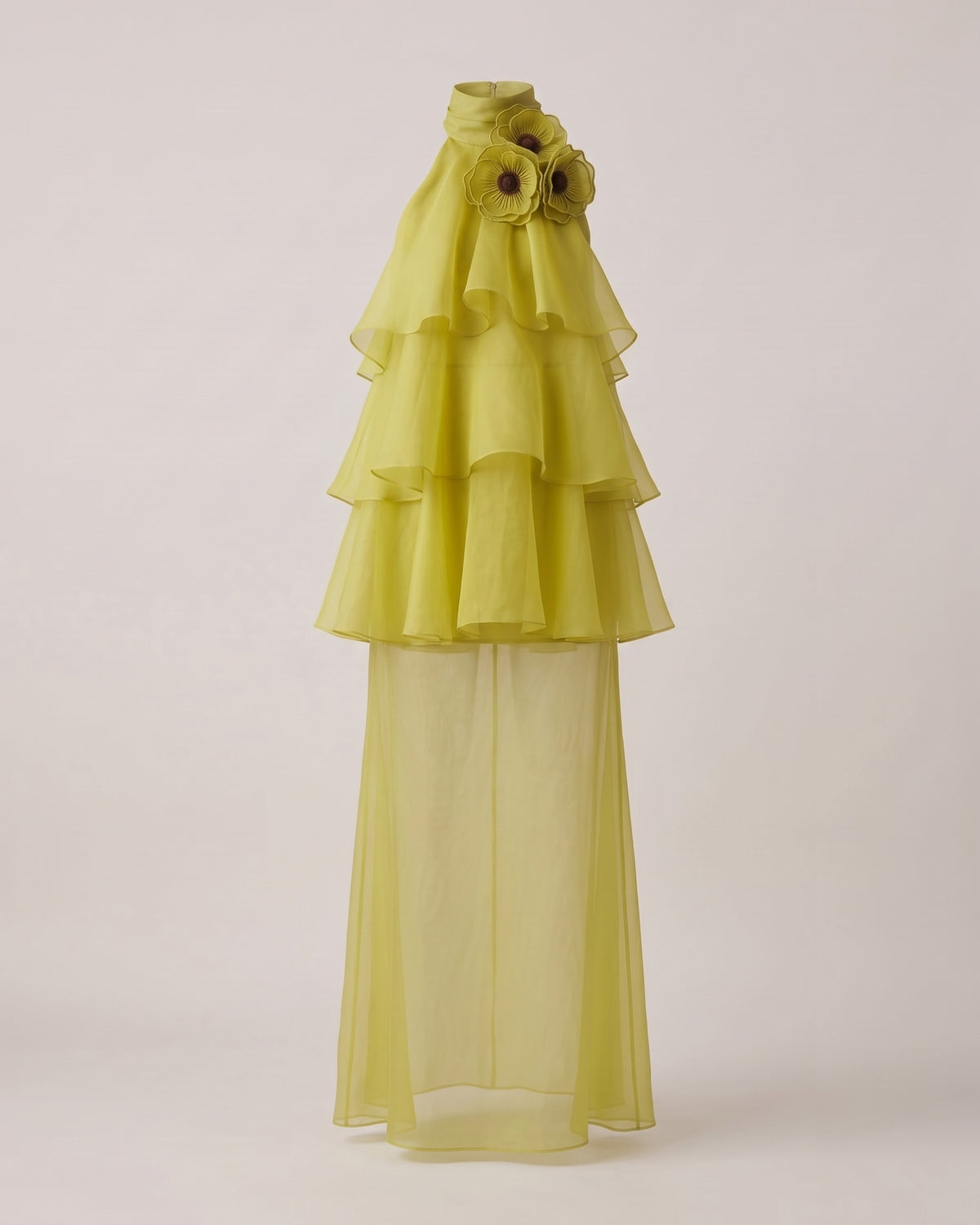 Poppy Embroidered Halter Tiered Ruffle Maxi Dress - Lime Green