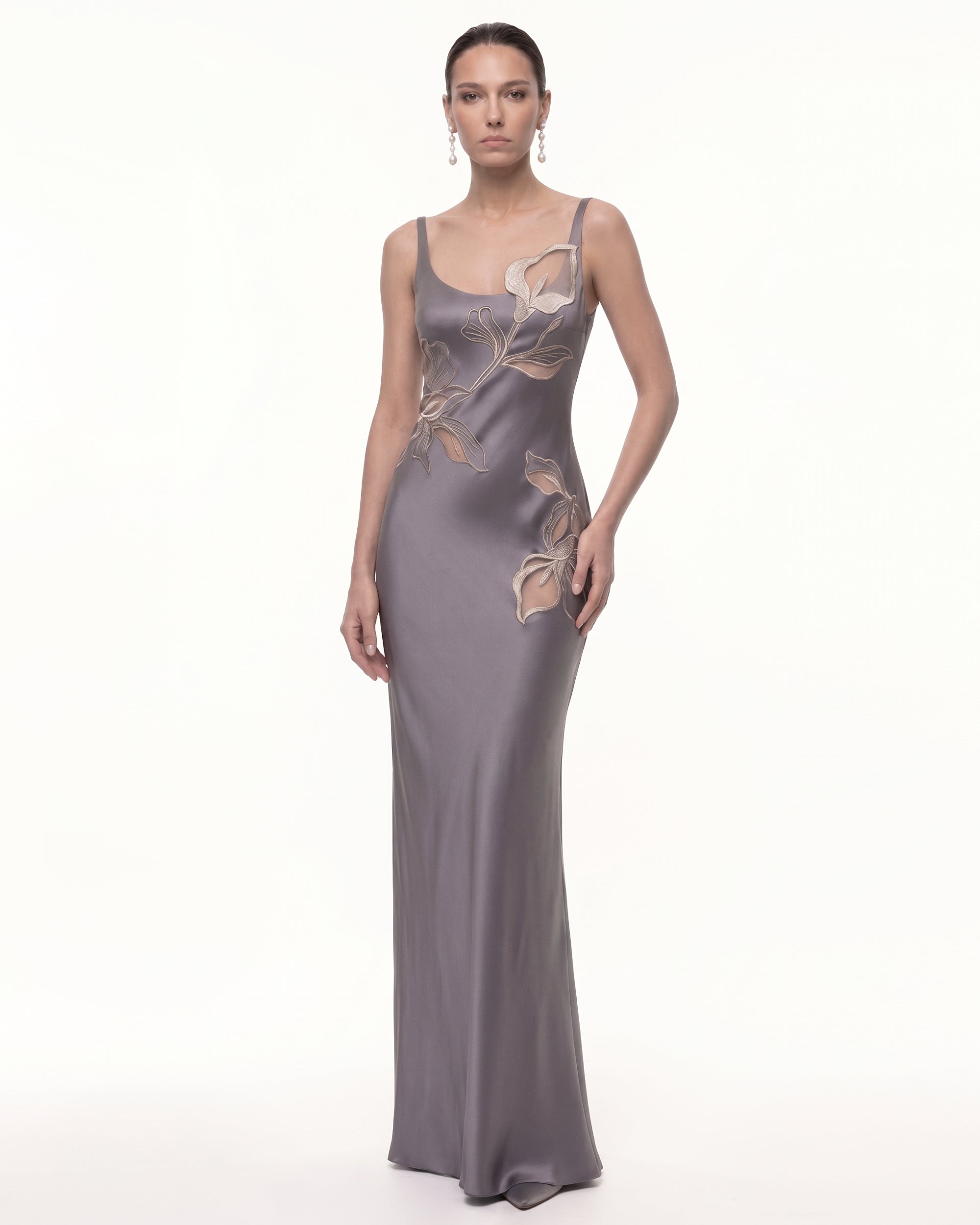 Calla Lily 3D Floral Satin Maxi Dress - Gray Purple