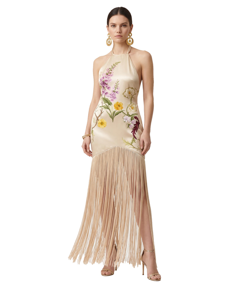 Halter Floral Print Fringe Slit Dress - Champagne