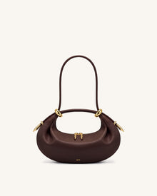 Ellie Metal Ring Embellished Crescent Top Handle Bag - Dark Brown