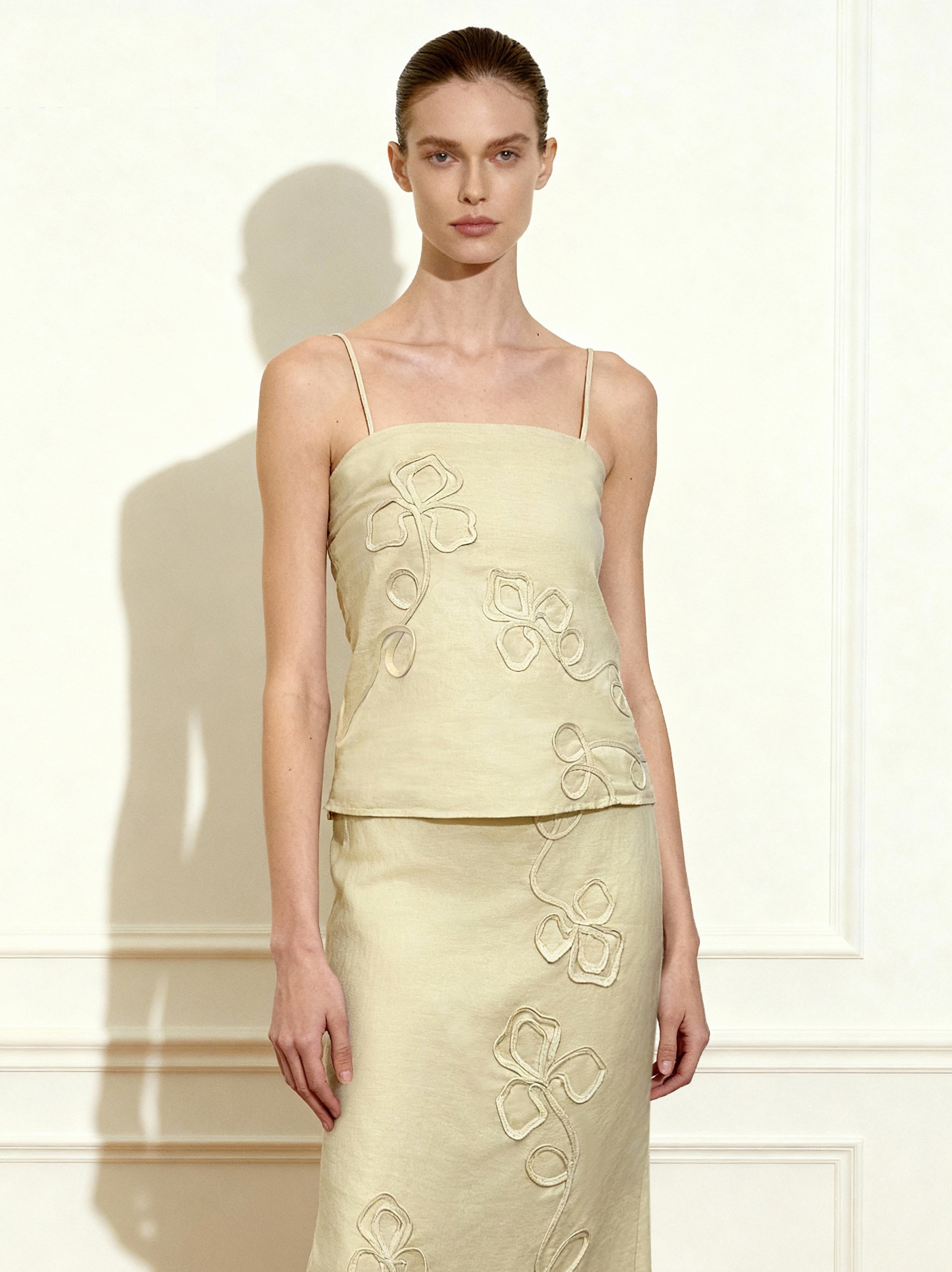 Linen Corded Embroidery Strappy Camisole - Natural