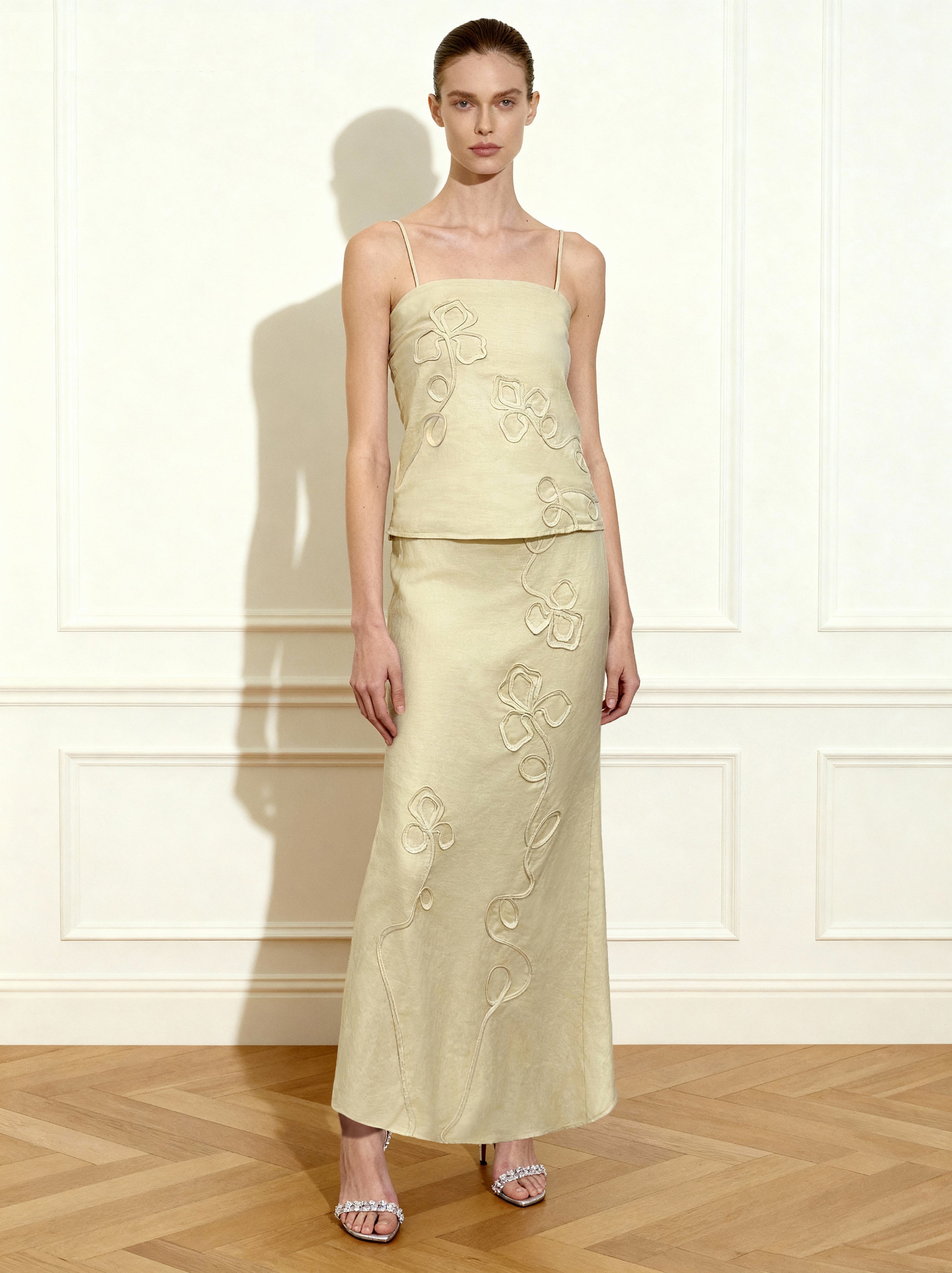 Linen Corded Embroidery Maxi Skirt - Natural