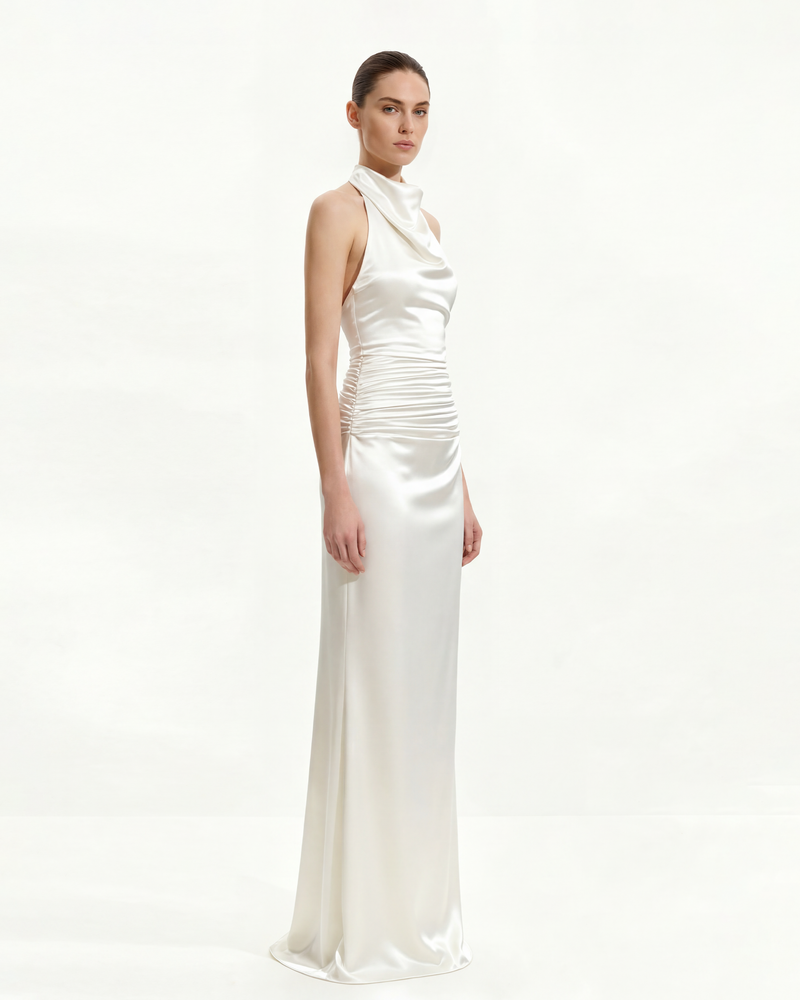 Satin Cowl Neck Ruched Maxi Gown - White
