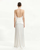 Satin Cowl Neck Ruched Maxi Gown - White