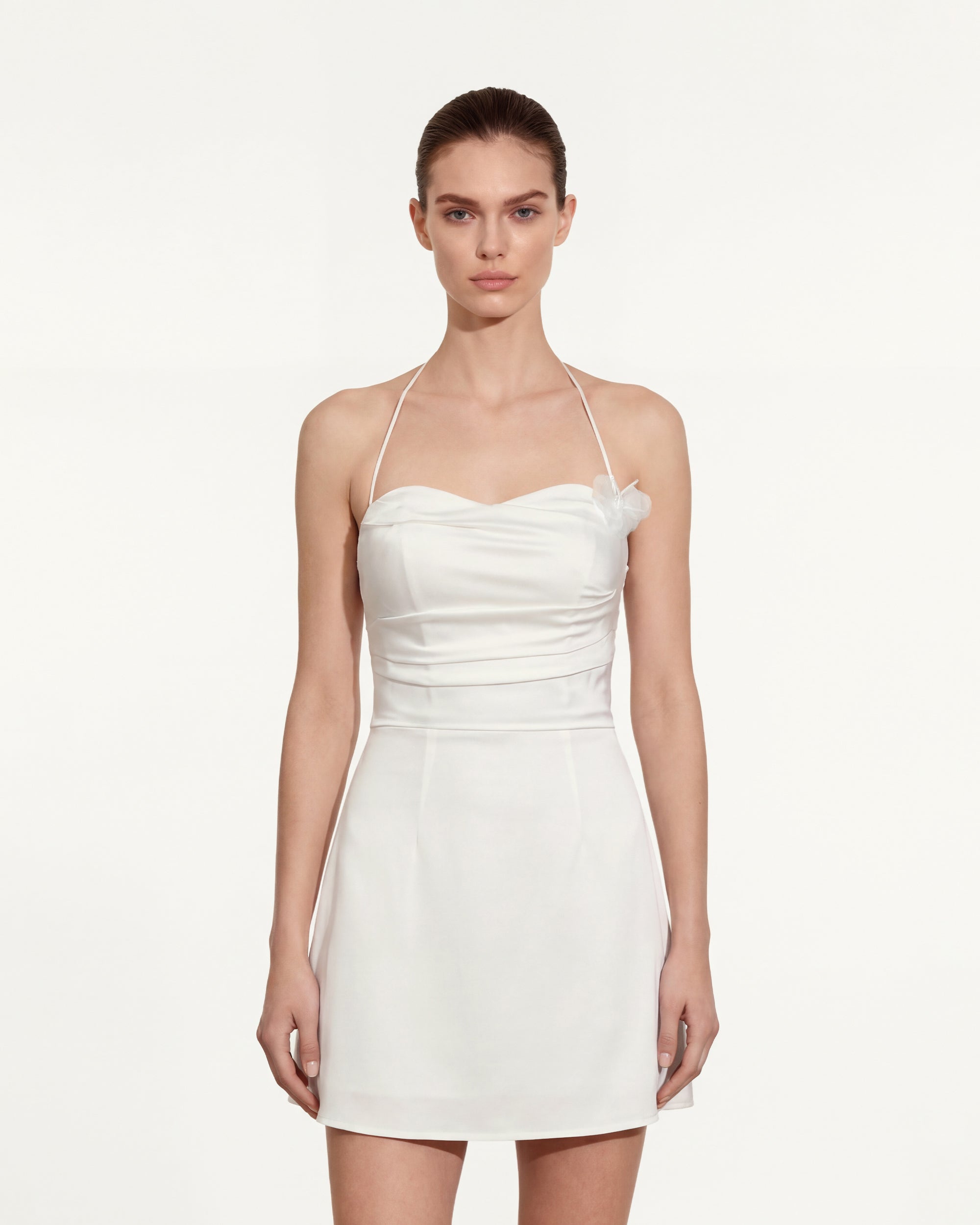 Floral Ruched Halter Mini Dress - White