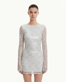 Diagonal Sequin Open-Back Long Sleeve Mini Dress - White