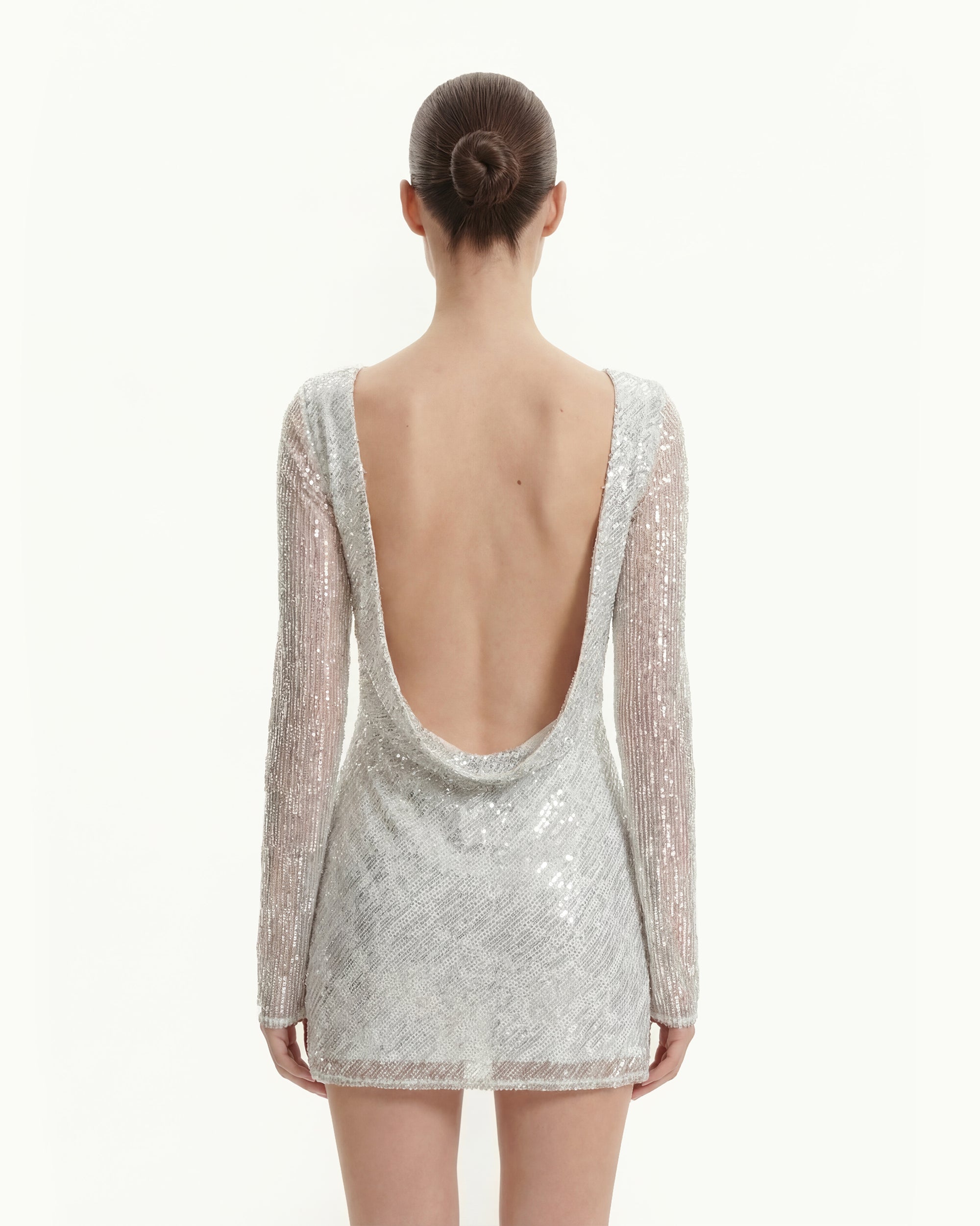 Diagonal Sequin Open-Back Long Sleeve Mini Dress - White