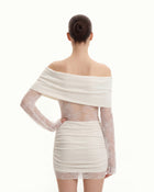 Off-Shoulder Ruched Mini Dress with Lace Sleeves - White