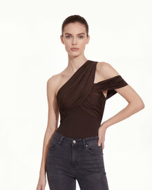 Ruched Asymmetric One-Shoulder Top - Brown