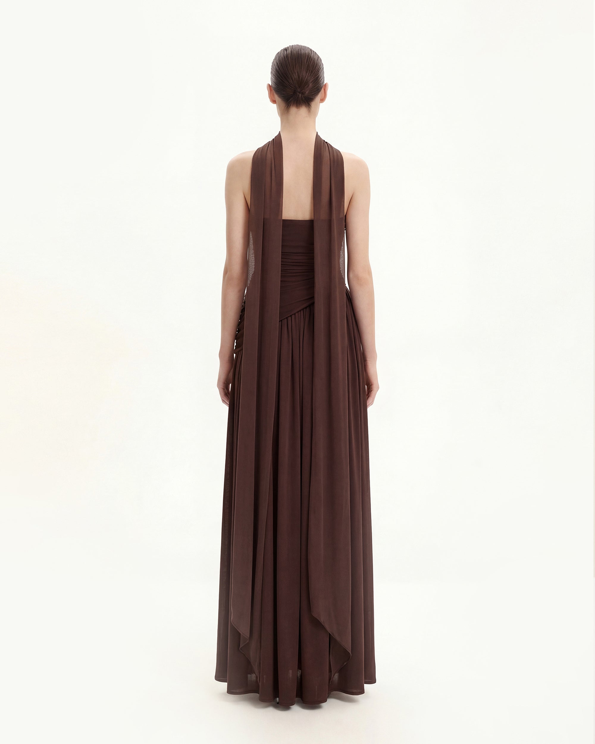 Ruched Panel Strapless Maxi Dress - Brown
