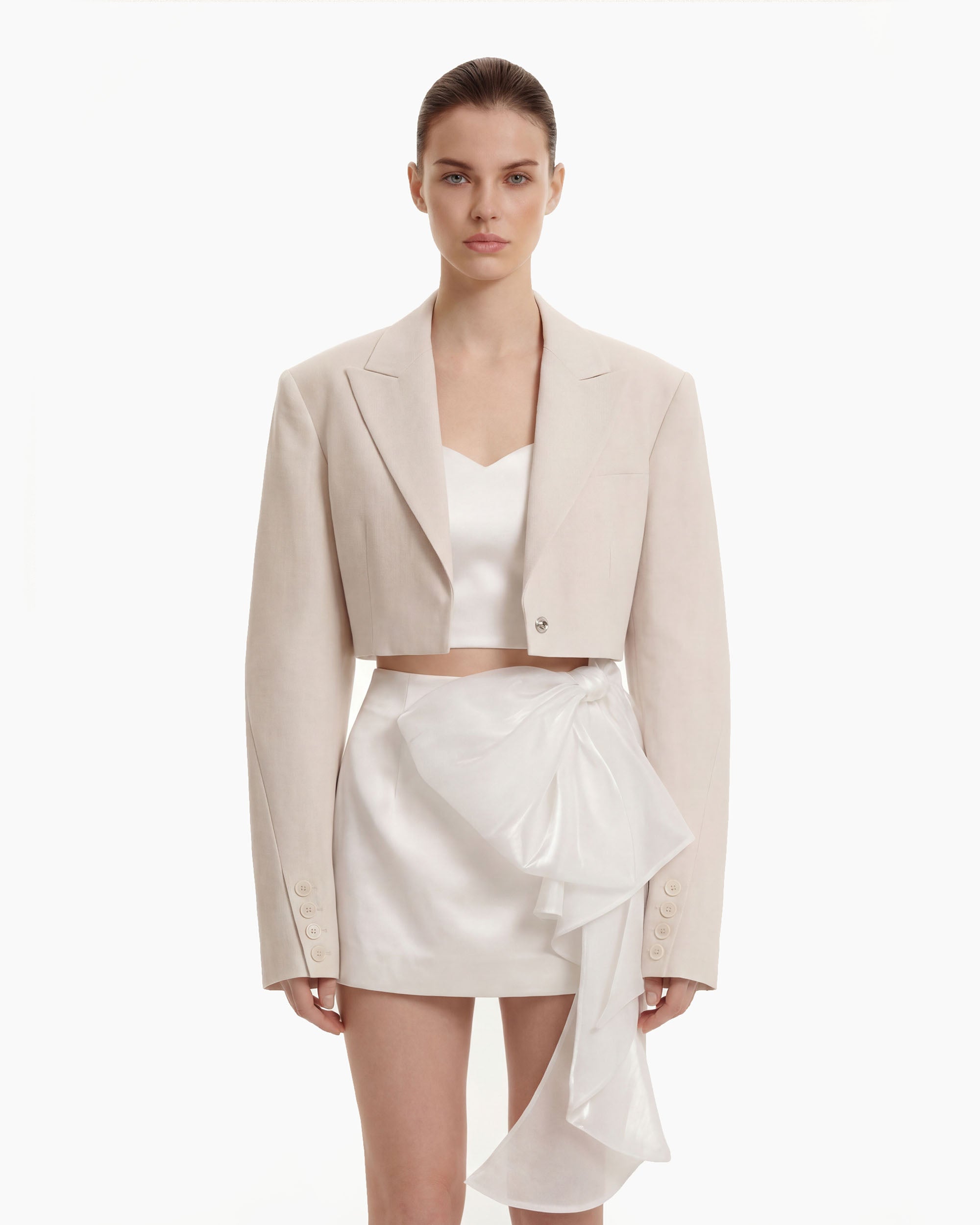 Structured Power-Shoulder Cropped Blazer - Beige