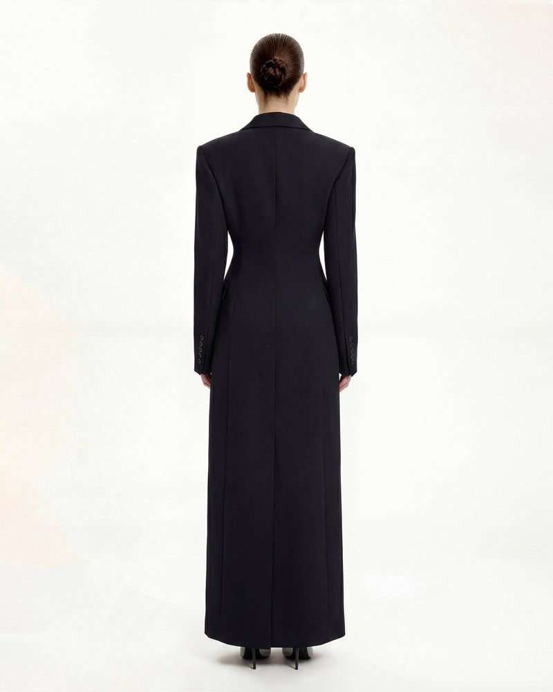 Structured Shoulder Fitted Lapel Maxi Coat - Black