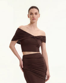 Ruched Twist Off-Shoulder Top - Brown