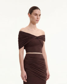 Ruched Twist Off-Shoulder Top - Brown