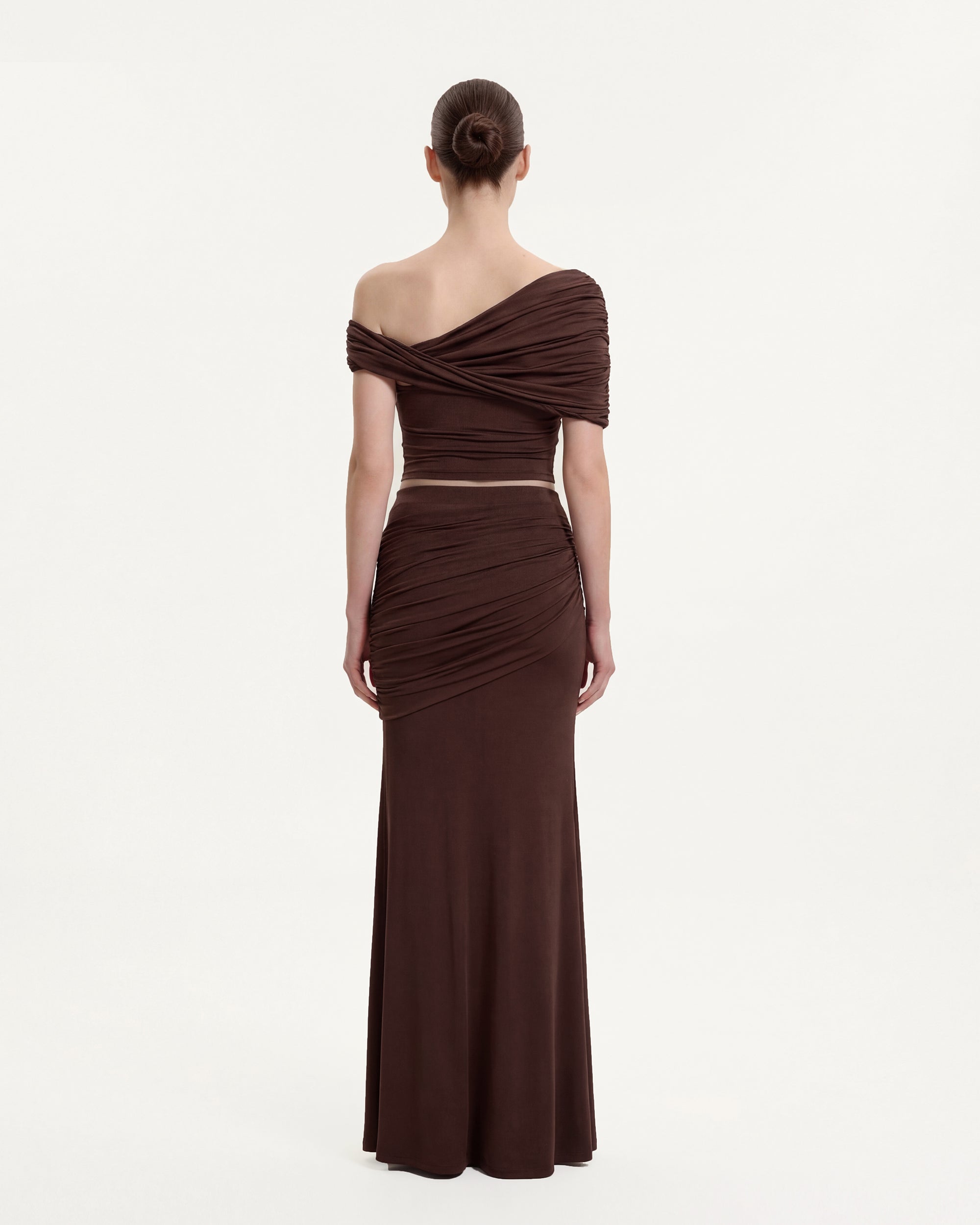 Ruched Column Maxi Skirt - Brown