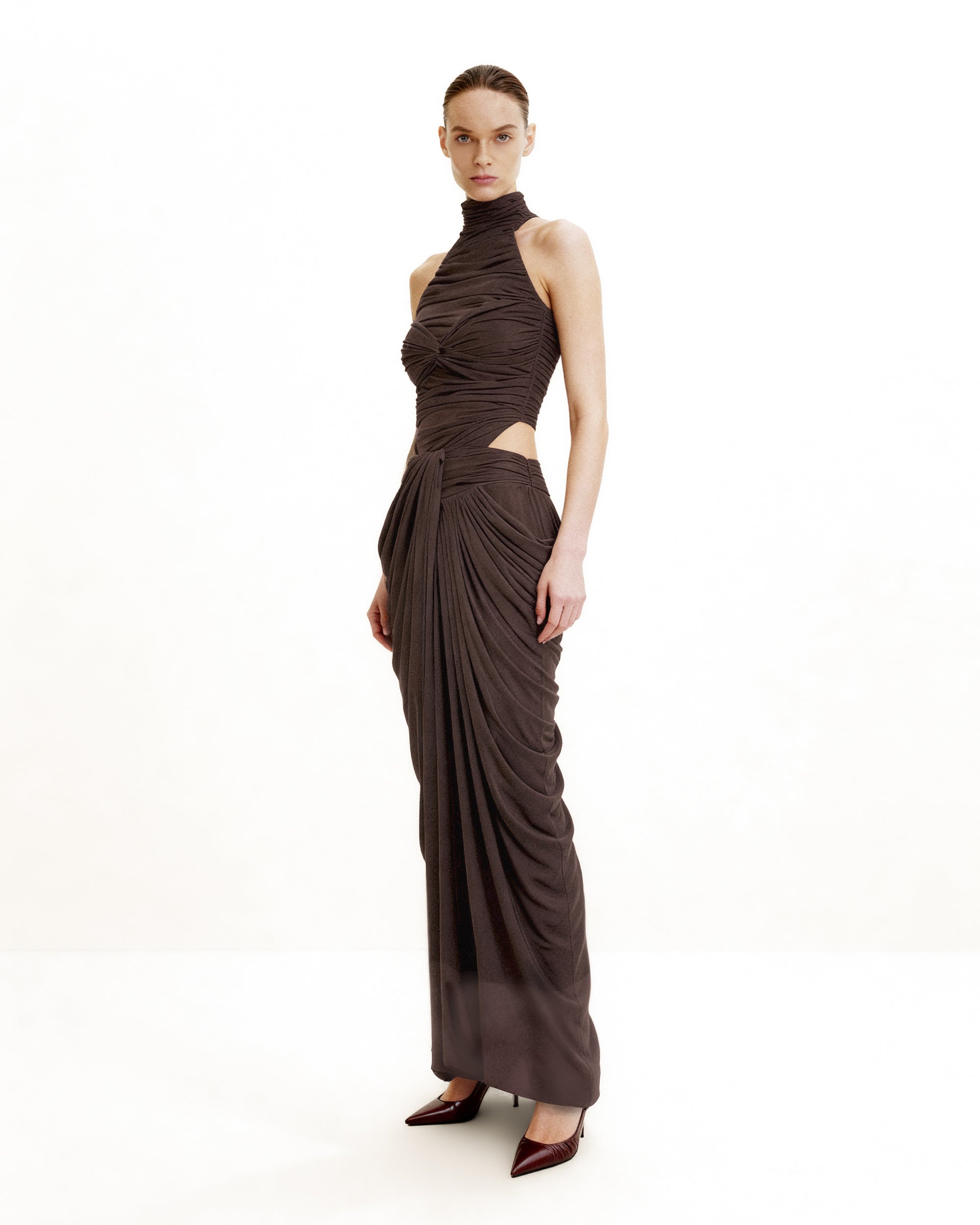 Draped Twist-Front Maxi Skirt - Brown
