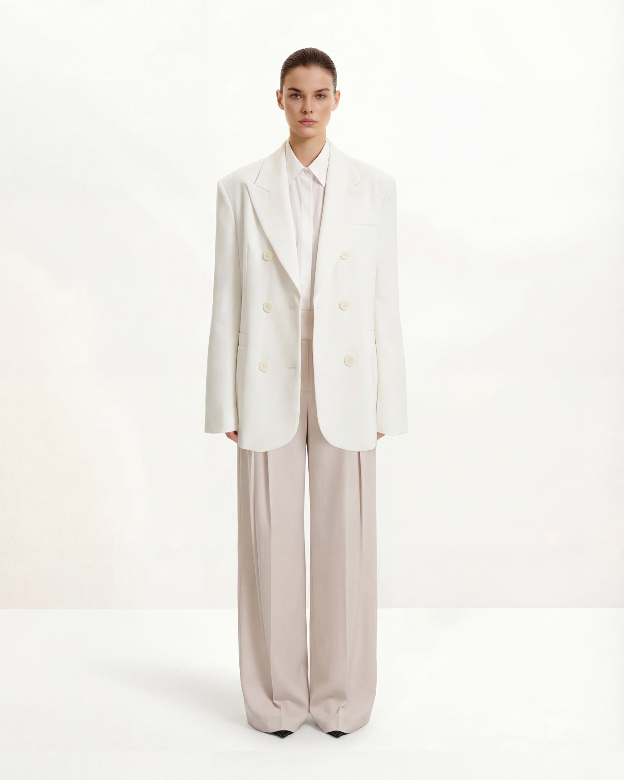 Structured Power-Shoulder Double-Breasted Blazer - White