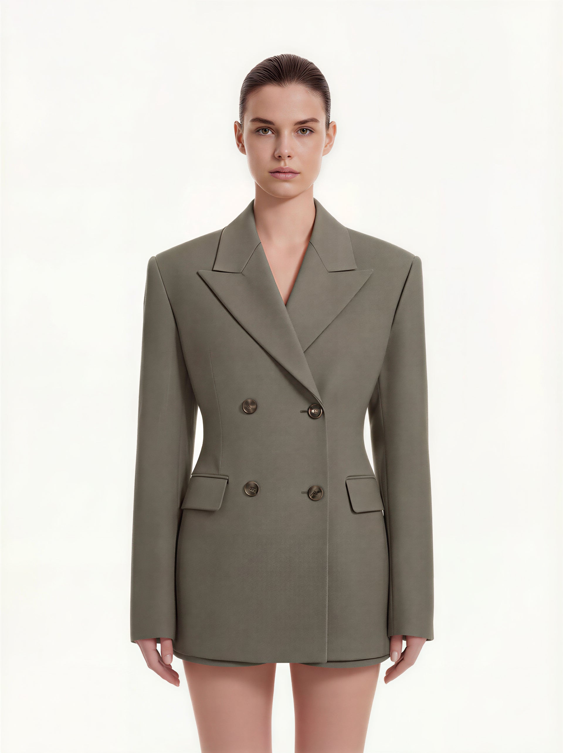 Structured Double-Breasted Tailored Blazer-Green Khaki