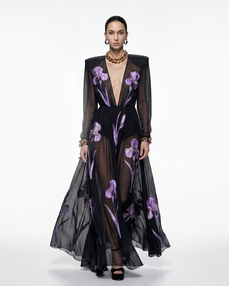 Iris Floral Print Long-Sleeve Sheer Gown - Black/Purple