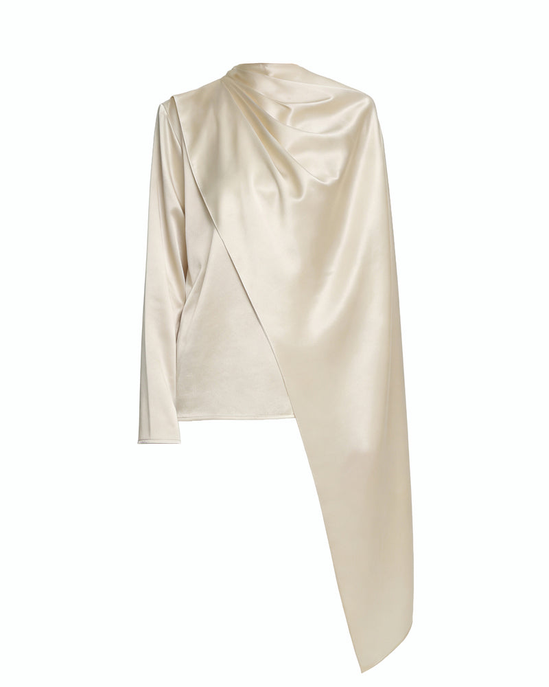 Asymmetric Drape High-Neck Cape Top - Cream