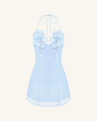 Flower Embroidered Mini Dress - Blue